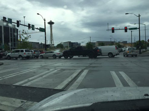 It's not uncommon to see cars blocking the box in downtown Seattle. (KTTH, Jason Rantz)